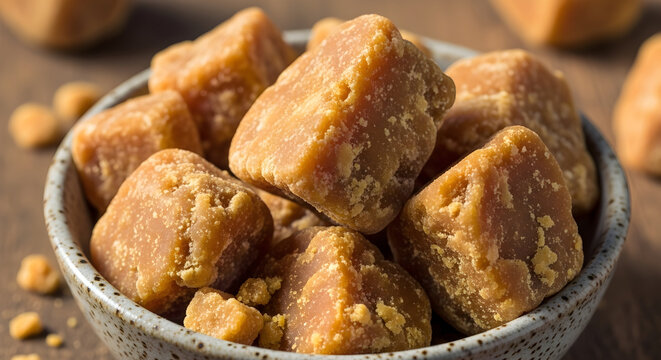 Close-up of a bowl full of jaggery pieces, a traditional unrefined sugar product, displayed on a