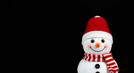 Cheerful Snowman Wearing Red Hat and Striped Scarf Against Black Background