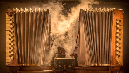 Vintage Accordion Bellows with Dramatic Smoke and Warm Golden Light.