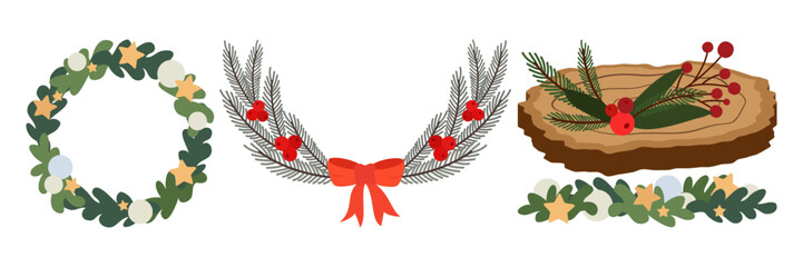 Christmas wreaths and festive branch decorations