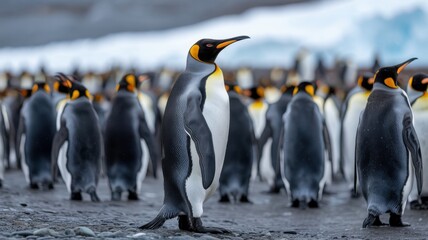 Fototapeta premium A regal king penguin stands out in a crowd of its peers, its yellow neck feathers gleaming against the backdrop of a cold, icy landscape