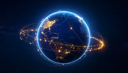 Earth globe, network of light trails