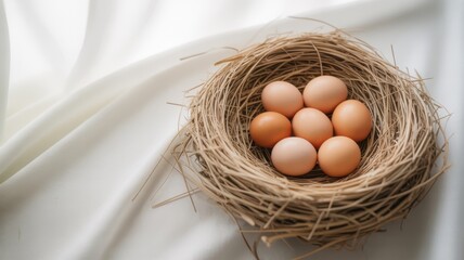 A birds nest filled with seven brown eggs sits atop a white cloth, creating a simple and natural composition with soft lighting and textures