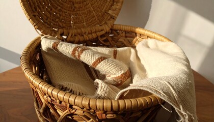 Wicker Basket with Lid Open Filled with Cream and Brown Striped Textiles Warm Sunlight.