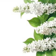 White lilac blossoms and leaves arranged in a corner border on a white background