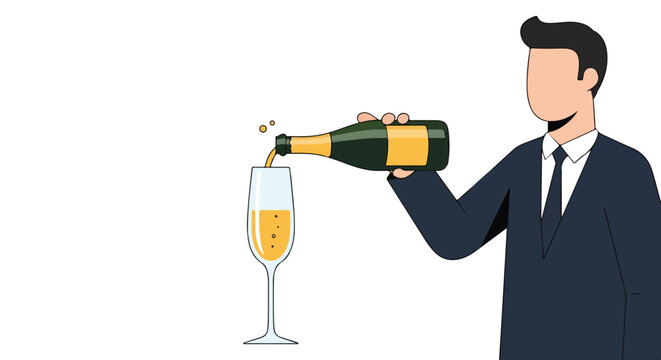 Faceless character in suit pouring festive bubbly into a glass in a sophisticated gesture for celebrations