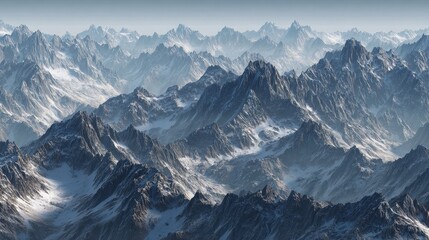 Fototapeta premium Panoramic View of Rugged Snow-Capped Mountain Peaks and Valleys