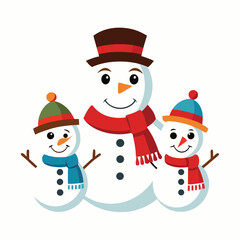 Cute snowman with red hat and red scarf in winter snow illustration