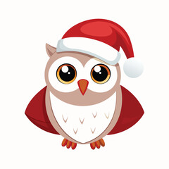 Cute Christmas owl cartoon sitting on tree branch with winter hat and heart design