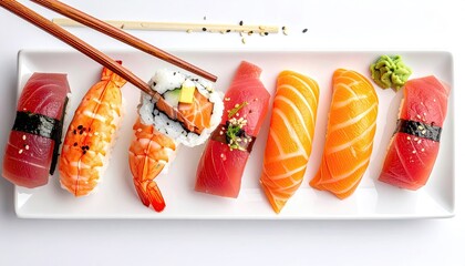 Sushi platter with chopsticks, showcasing various nigiri and sashimi