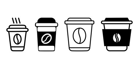  Black and white illustration of a coffee cup icon set, showcasing different coffee cup designs