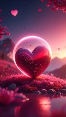 Glowing Heart in Bubble on Floral Hillside with Mountain Backdrop and Pink Hue at Sunset