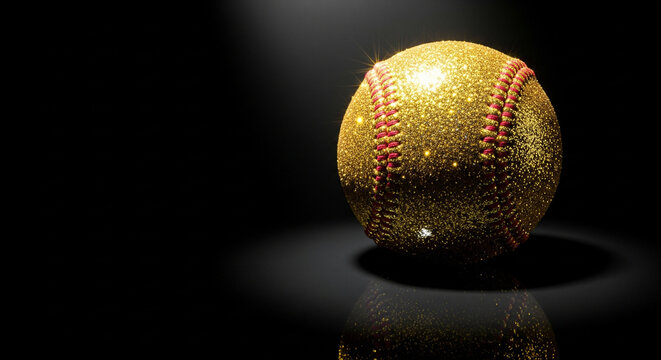 A baseball covered in sparkling golden glitter, placed on the right side of a glossy black background. The left portion is plain negative space for text. Strong spotlight enhances reflections, giving  - Powered by Adobe