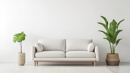 Minimalist living room with a modern white sofa, two potted green plants, and a clean, bright background.
