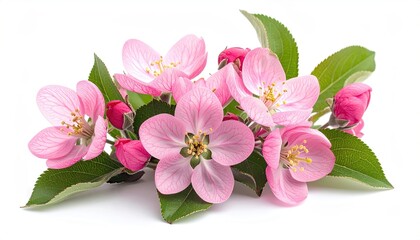 Delicate cluster of pink apple blossoms with green leaves, arranged on a white background