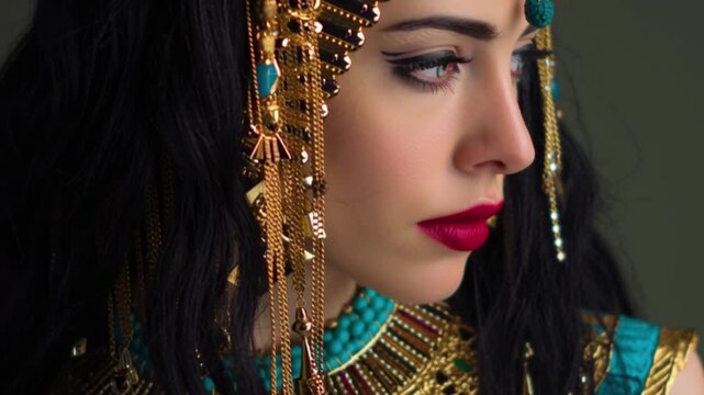 Close up of woman in Egyptian queen costume with gold jewelry and dramatic makeup historical royalty Cleopatra style beauty cultural heritage ancient civilization footage