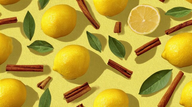 Seamless pattern of fresh lemons, aromatic cinnamon sticks, and green leaves.