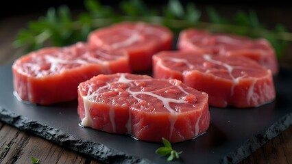 Freshly cut beef steaks on a black slate plate with green herbs on a wooden table