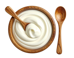 Creamy yogurt in a wooden bowl with a wooden spoon