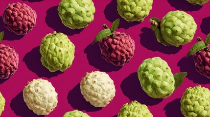 Obraz premium Vibrant Cherimoya and Mango Fruits Patterned on a Magenta Seamless Background
