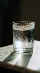 condensation. A close-up of a clear water glass with condensation on a sleek marble surface, reflecting light in a minimalist setting. bar promotions.