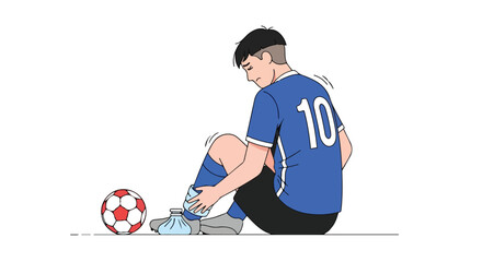 Soccer Player with Ankle Injury Applying Ice Pack While Suffering on the Field After the Game Near his Ball