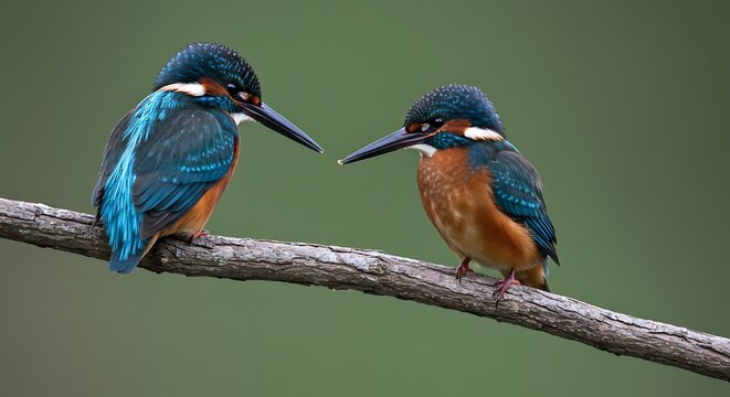 Two colorful kingfisher birds perched on a branch against a green backdrop