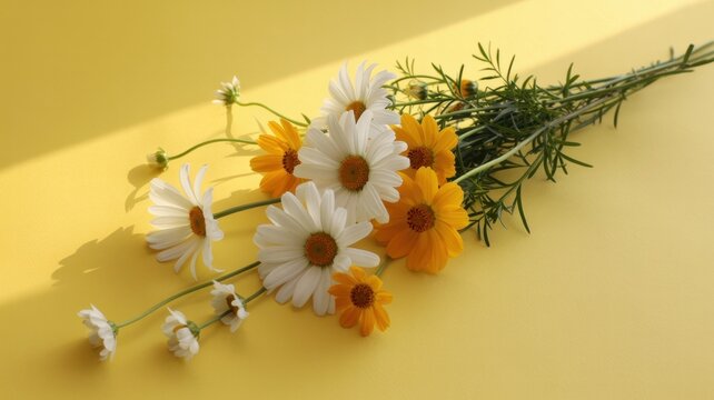A cheerful arrangement of white and yellow daisy flowers is isolated on a bright yellow background, casting soft shadows and creating a sunny, vibrant scene