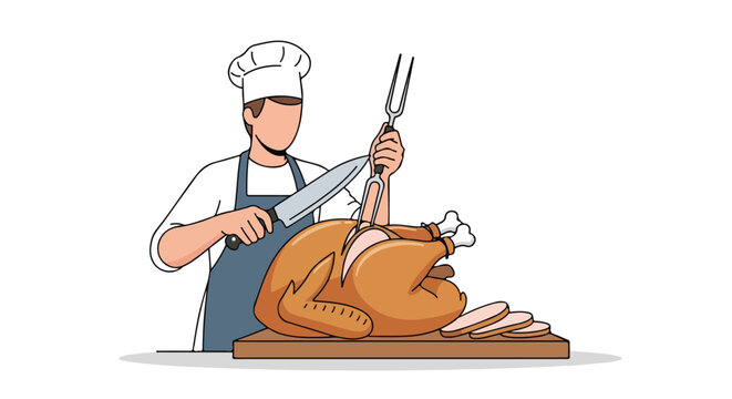 Thanksgiving turkey carving illustration: A chef meticulously slices a roasted turkey for a festive holiday dinner celebration