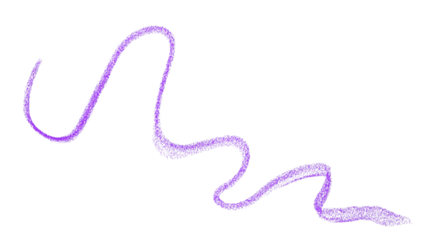 Hand drawn purple pencil lines, circles, stripes and squiggly lines on transparent background.