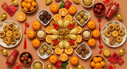 Abundant and Beautifully Arranged Traditional Food Spread for Lunar New Year, Featuring Oranges, Gold Ingots, Cookies, and Various Delicacies on a Richly Colored Background.