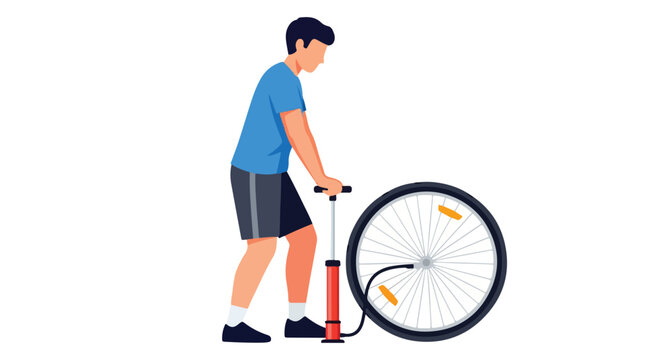 Conceptual illustration of a man inflating a bicycle tire with a pump maintenance and repair theme for cycling enthusiasts and urban transportation