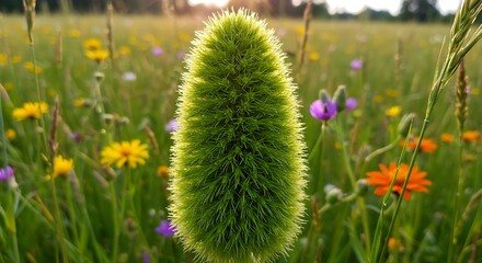 Vibrant green plant focuses amidst a colorful field of wildflowers