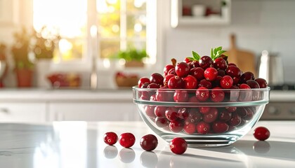 A bowl of fresh red cranberries in a bright kitchen bathed in sunlight with some berries scattered on the counter