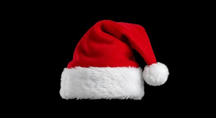 Classic Red Santa Hat with White Fur Trim and Pom-Pom on Black Background