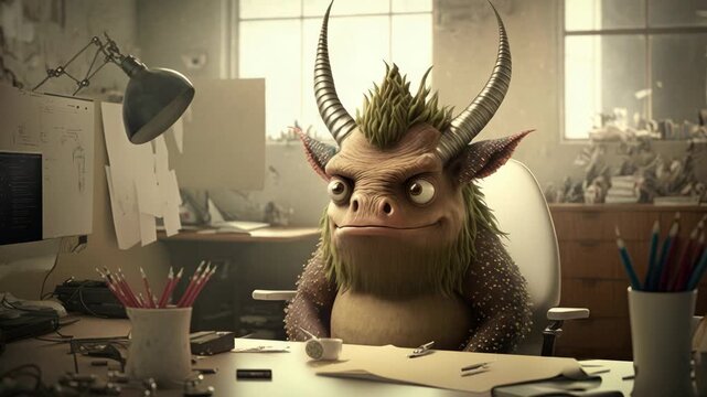 Furry horned creature sits at messy desk with computer monitor and drawing utensils in bright office space looking towards viewer