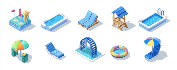 Set of swimming pool icons, a simple vector illustration with a white background