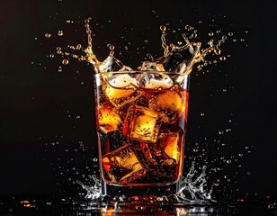 Soda glass with ice cubes, splashing