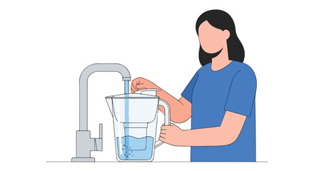 Illustration of a woman filling a water filter pitcher from a kitchen tap for cleaner and better hydration quality with simple line drawing for