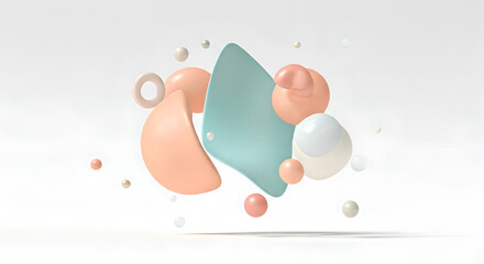 Floating Abstract 3D Shapes in Soft Pastel Colors on White Background