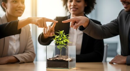 Diverse business team pointing at a small green plant seedling in a glass container, symbolizing growth and sustainability.