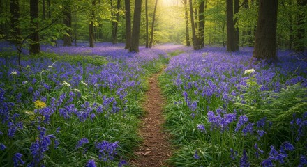 Fototapeta premium Scenic forest path through a vibrant field of bluebell flowers with sunlight filtering through the trees