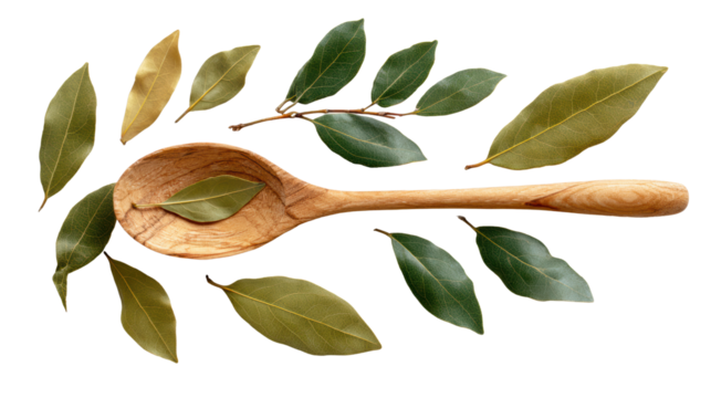 Wooden spoon surrounded by bay leaves on a white isolated background.