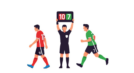 Obraz premium Soccer Match Illustration Displaying 10 to 7 Score with Players and Referee on a Clean White Background