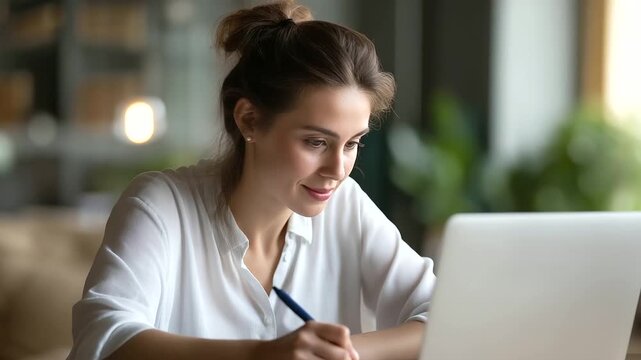 A young woman attending an online training session focused on digital management modules displayed on her laptop pen and notebook at hand for notes cozy home environment with