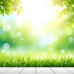 Obraz premium Springtime scene, bright, fresh, with white wooden planks and lush green grass, bokeh