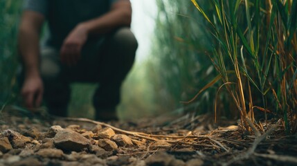 Kneeling figure examines soil amidst tall grass, showcasing conn