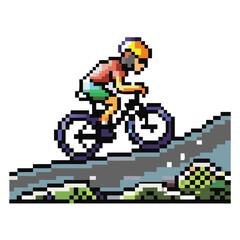 Pixel Art Cyclist Character Sprite, 16-bit Racing Bike on Mountain Road for RPG