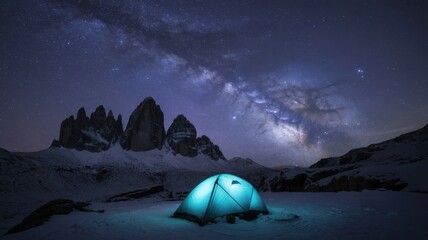 A tent glows under a starry night sky with the milky way, set against the backdrop of snowcovered mountains, creating a serene camping scene