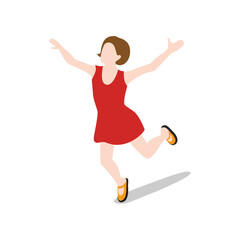 A young girl in a red dress joyfully jumping and dancing, isolated on transparent background, expressing happiness and freedom